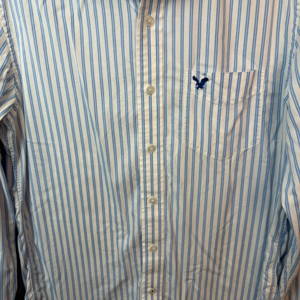 American Eagle Button Down Shirt Men Medium Blue White Striped Preppy Y2K Casual